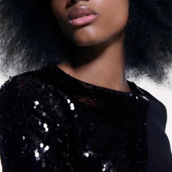 🎄 NWOT 🛍️ ZARA WOMEN’S LUXURY SEQUINS BLACK LONG SLEEVE TOP SMALL S - Picture 4 of 6